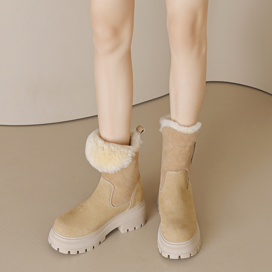 复古休闲厚底真皮羊毛一体雪地靴