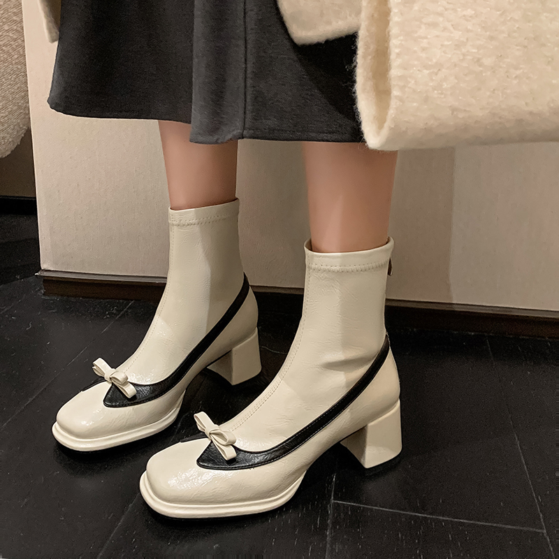 蝴蝶结粗跟百搭方头弹力瘦瘦靴