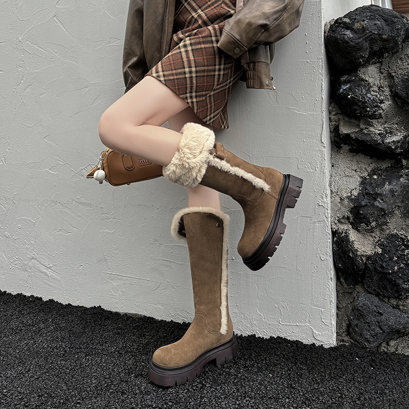 两穿翻折加绒加厚不过膝雪地靴