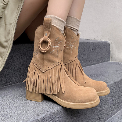 流苏慵懒风西部靴粗跟复古骑士靴