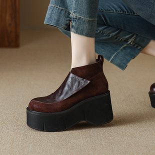 9cm增高厚底短靴女秋冬季 真皮及踝靴 小众拼接马丁靴防水台松糕鞋