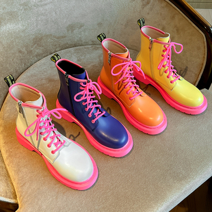 厚底彩虹多色机车短靴平底公主粉色靴 2024年新款 薄款 马丁靴女夏季