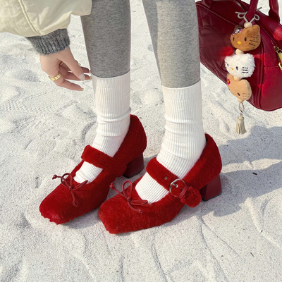 蝴蝶结粗高跟鞋羊羔毛加绒婚鞋