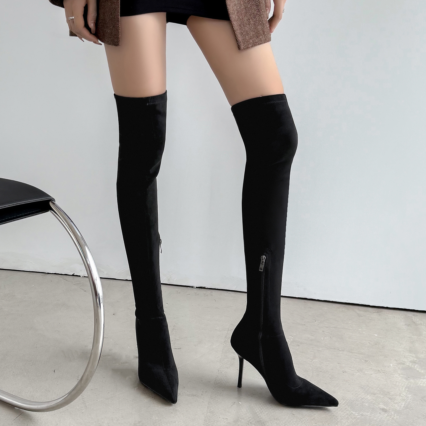 冬小个子卡其色不掉筒尖头过膝靴