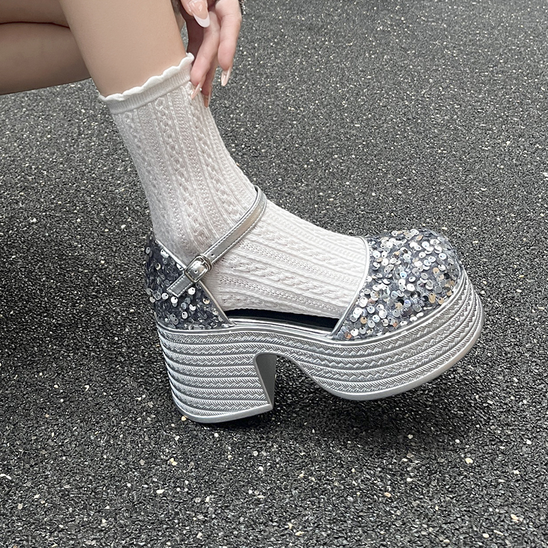 一字带不累脚方头玛丽珍高跟鞋女