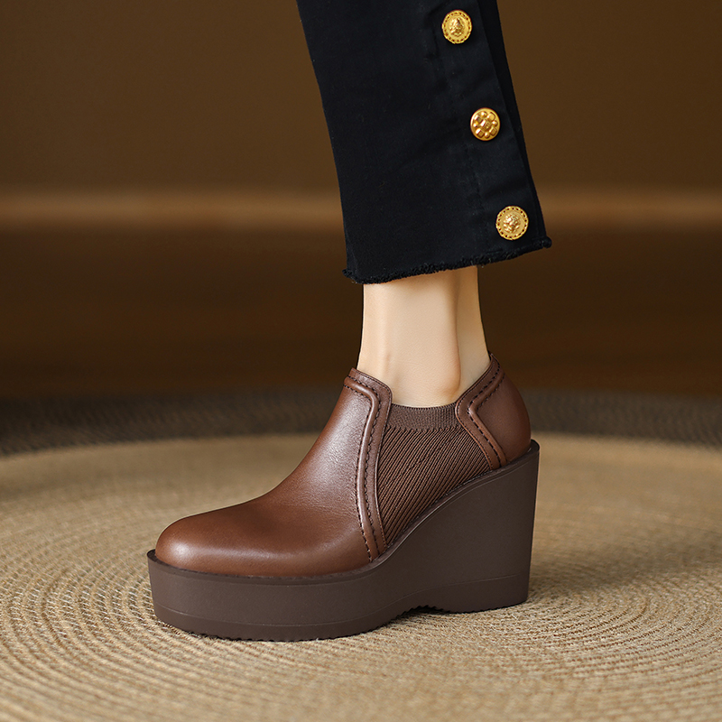 真皮坡跟乐福鞋百搭厚底增高单鞋