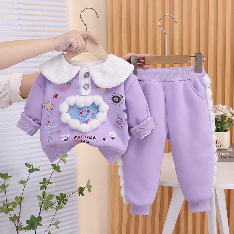 女童秋冬装1-3加绒加厚一体绒卫衣裤子4-6岁宝宝女2025新款外套冬