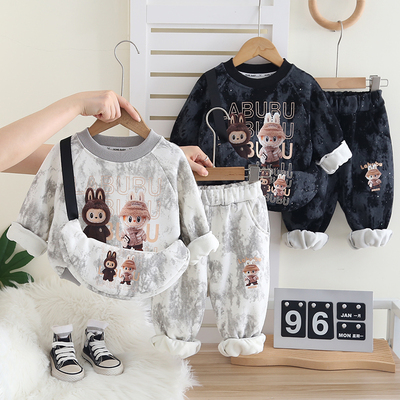 男童秋冬季1-3套装2025新款冬装4-6岁加绒加厚卡通卫衣长袖两件套