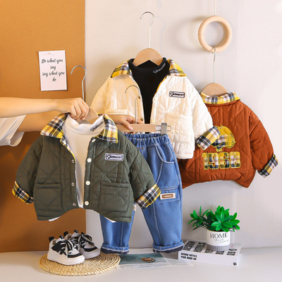 男童2025冬装洋气1-6岁女宝宝保暖加绒冬季加厚棉衣三件套双面穿