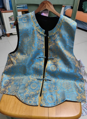 罗绮者新中式国风提花马甲女高级感宋锦上衣蓝色金线刺绣圆领马甲