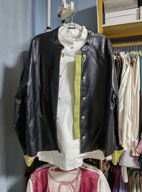 13号黑色拼绿色织锦皮衣外套女+正白色高纱织高姆米长袖刺绣衬衫