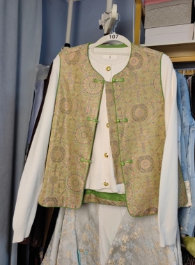 罗绮者107号新中式盘扣宋锦织锦马甲女+暖白色加厚商务款金扣毛衣