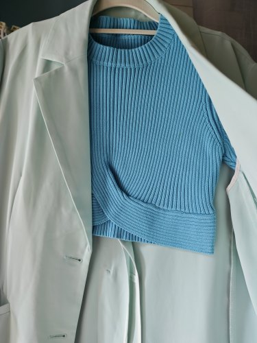 罗绮者原创短款莱茵蓝毛衣短袖+淡蓝色凉感夏季西装外套S码150斤