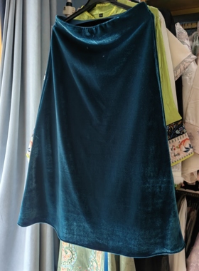 罗绮者精品系列真丝绒孔雀蓝色半身裙女中长款显瘦A字裙松紧腰裙