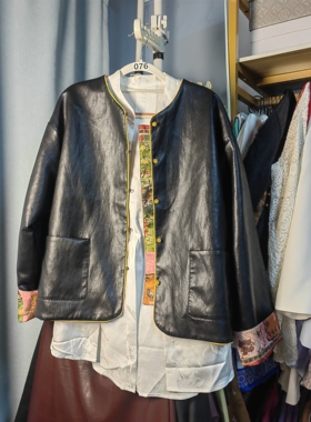 罗绮者76号黑色双面穿皮衣，羊皮拼接宋锦外套+提花衬衫110-140斤