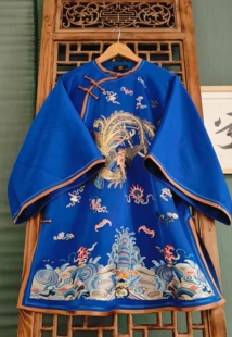罗绮者秋款克莱因蓝金丝线刺绣太太服江崖海水纹重工刺绣大袖衫女