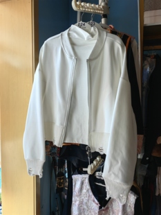 柔软高领打底衫 罗绮者24号白色棒球服外套女春秋款 宽松夹克上衣