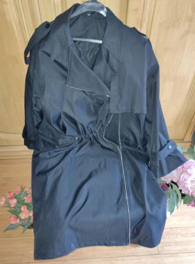 2025春季明星款黑色风衣外套女中长款宽松休闲大衣斜拉链松紧腰围