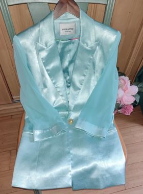 2025春季水蓝色西装套装女高级感播音艺考主持正装网纱七分袖职业