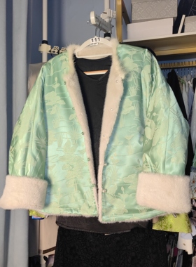 罗绮者精品系列新中式圆领水貂毛加绒外套女绿色织锦双面穿冬上衣