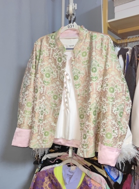 罗绮者31号宋锦工艺双面穿外套粉绿色系显白上衣女宽松无肩款对襟
