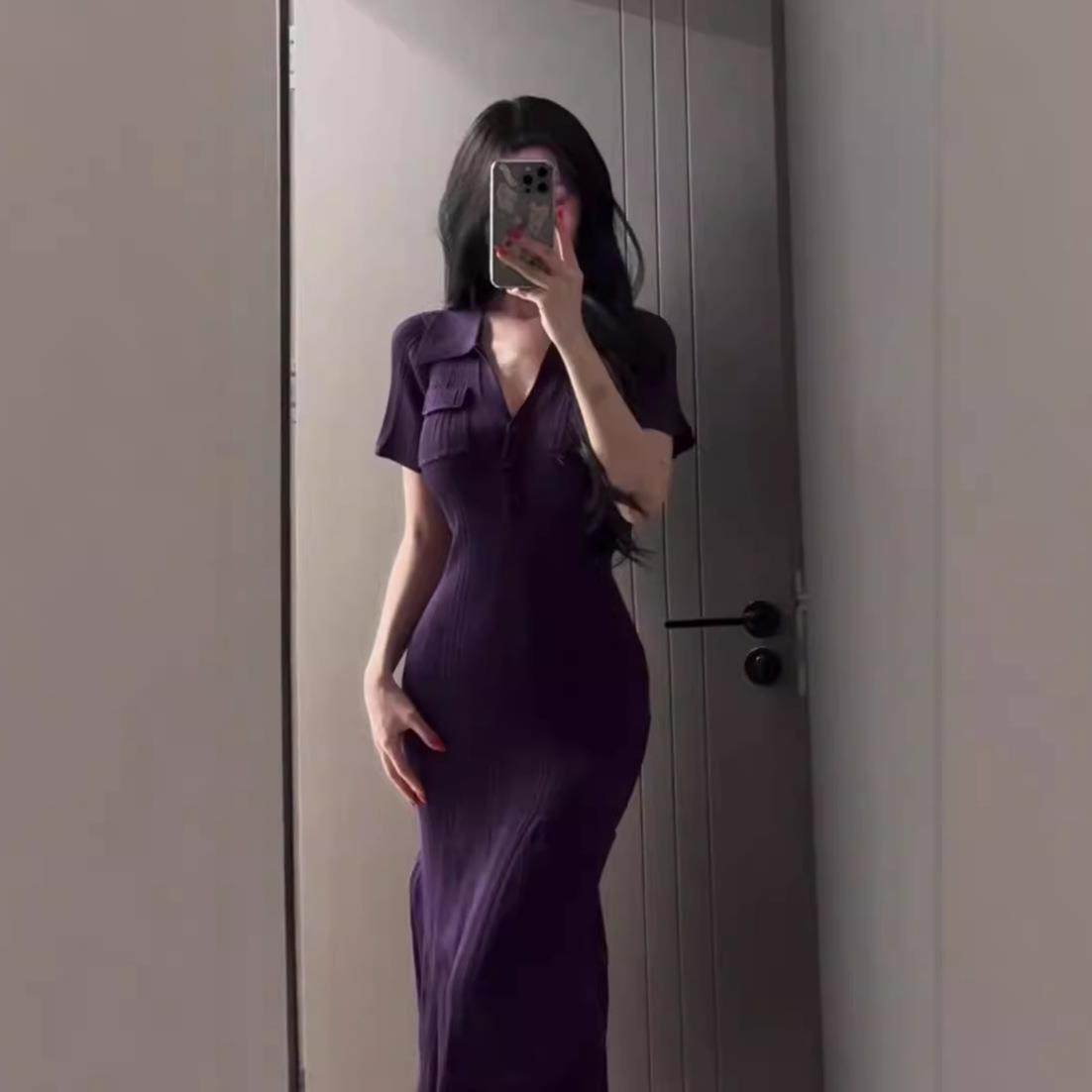 御姐风气质鱼尾针织连衣裙女初秋长款polo修身通勤紧身短袖包臀裙