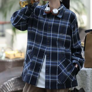 BR抹茶故事男女长袖衬衣复古学院格纹翻领落肩袖衬衫休闲精品