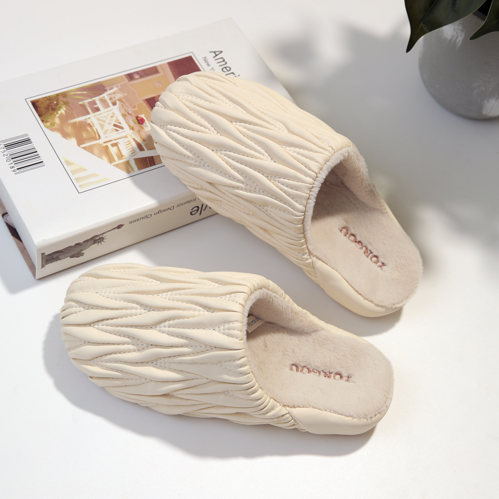 远港褶皱棉拖鞋女款秋冬季家用保暖加绒家居情侣地板皮拖鞋男5118