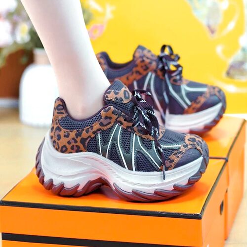 秋季豹纹7cm增高厚底女老爹鞋