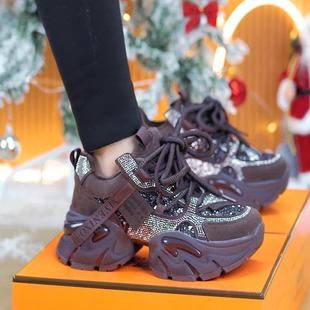 休闲小个子增高运动鞋 百搭时尚 女2025秋冬新款 6cm厚底水钻老爹鞋