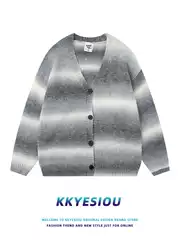 Kkyesiou American Retro Stripesd Preppy Style Knitwear Jacket for Men and Women V-Neck Casual Work Clothing Couple Knitwear