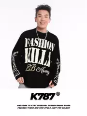 K787 American Retro Letter Print Waffle Long-Sleeve T-Shirt for Men and Women, Loose Casual Breathable Base Shirt Top