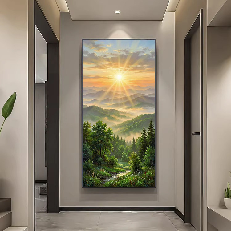 竖版日出玄关风景装饰画旭日东升树林挂画走廊过道轻奢东墙墙上画