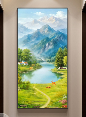壁画走廊过聚宝盆玄关山水画装饰画挂画图靠山西墙道入门绿水青山