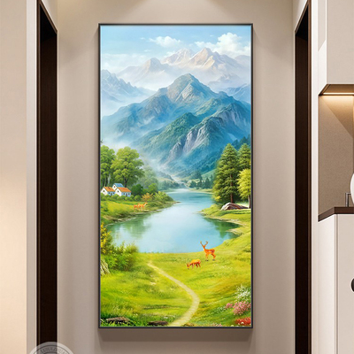 壁画走廊过聚宝盆玄关山水画装饰画挂画图靠山西墙道入门绿水青山