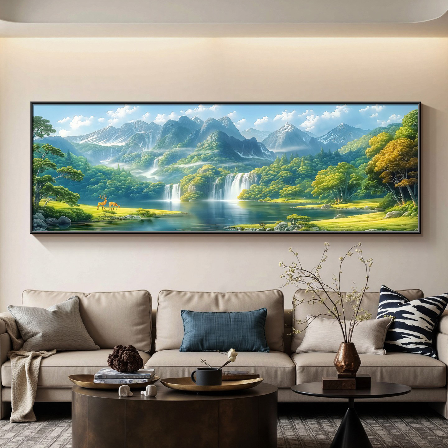 挂画横版装饰画西墙八方聚财客厅绿水青山山水画画背景墙沙发来财