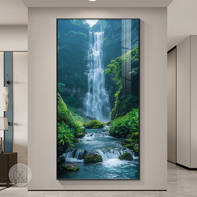 生财走廊山水画正对门风景画挂画入户过流水装饰画源远流长玄关道