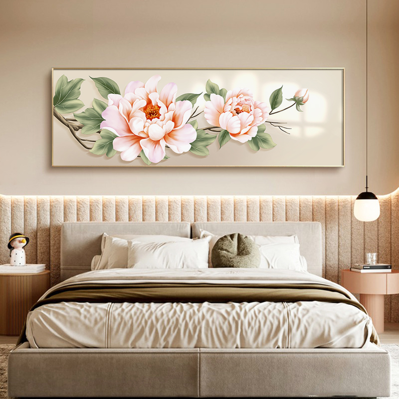 背景墙装饰画客厅主卧开卧室挂画沙发床头富贵花横版牡丹挂画壁画