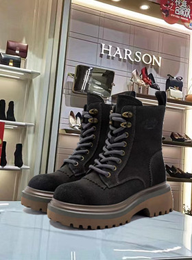 HA231601哈森2023年冬季新款粗跟厚底圆头时尚休闲系带马丁靴短靴