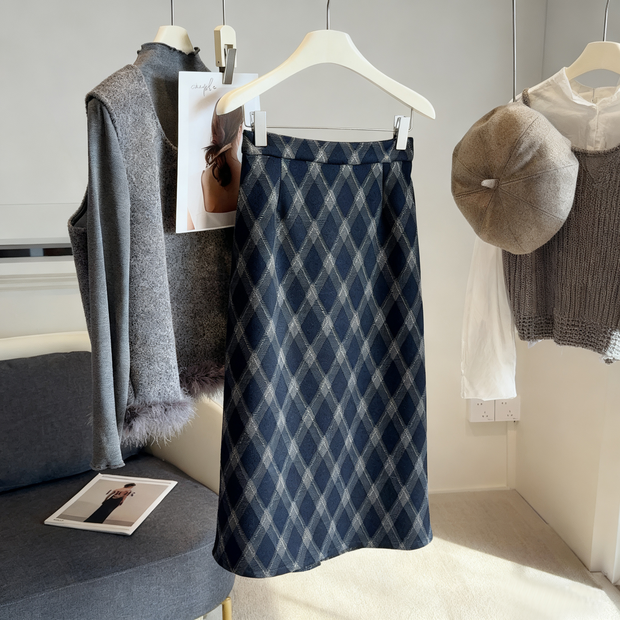 秋冬格子毛呢半身裙加绒加厚中长