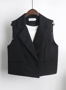 短款小马夹新款2023春秋女宽松黑色西装马甲背心外搭时尚无袖上衣