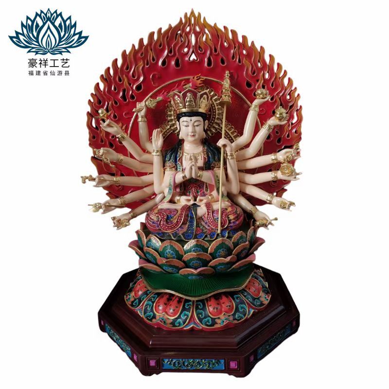 准提佛母菩萨 木雕纯手工彩绘实木雕刻家用本命佛摆件