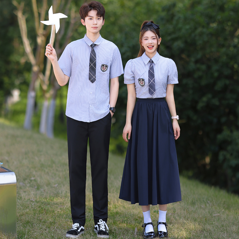 实拍情侣学院风夏季学生男女短袖JK衬衫套装 班服 校服 运动服