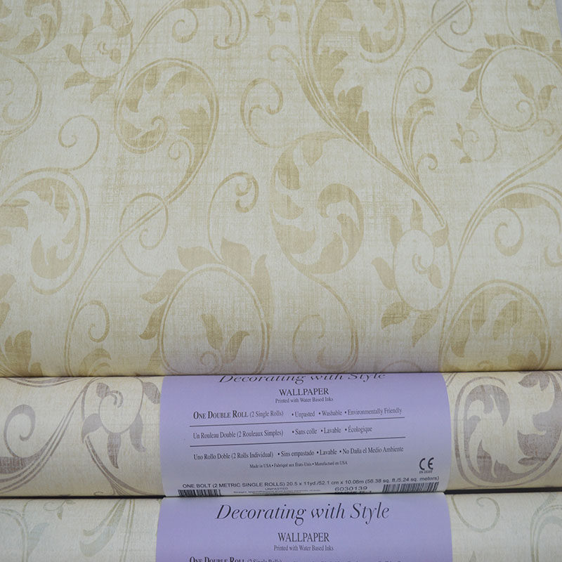 美国进口现货纯纸加厚环保美式乡村田园花卷叶草卧室客厅背景墙纸