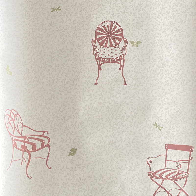 美国纯纸环保女孩公主卧室壁纸淡粉色小椅子满铺温馨进口墙纸现货