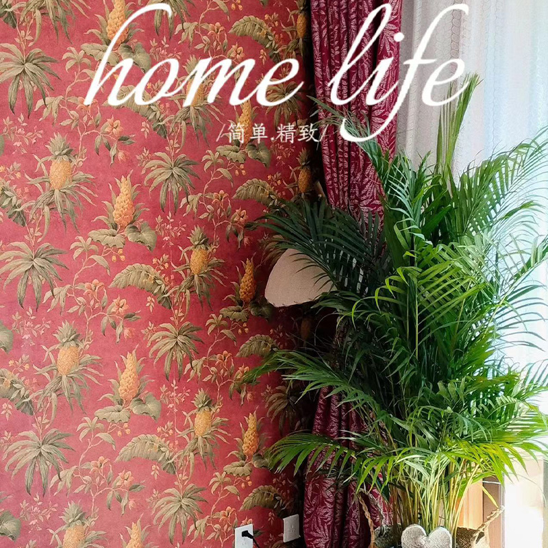 现货美国WQ原装进口墙纸复古红色大花环保纯纸沙发卧室背景墙壁纸