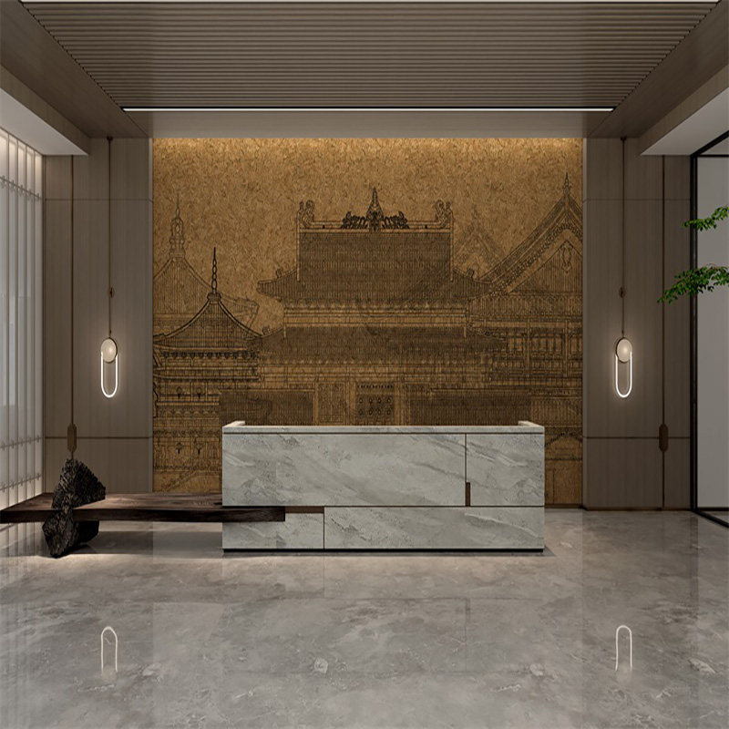 新中式古建筑图案定制壁画美式复古软木皮材质客厅卧室背景墙壁纸