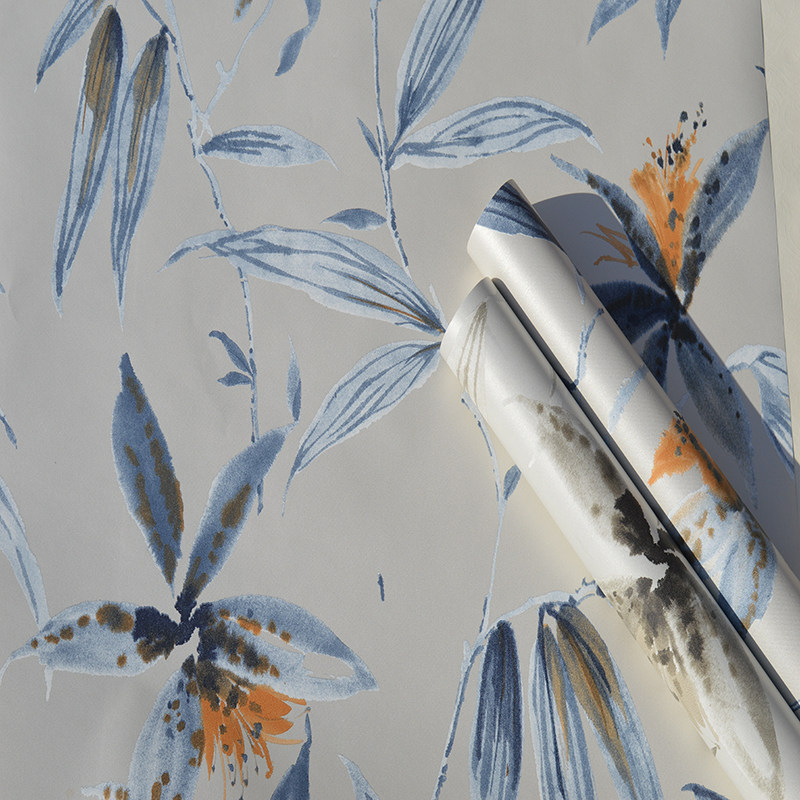 美国进口纯纸环保壁纸现货中式蓝色水墨画竹子装饰客厅卧背景墙纸