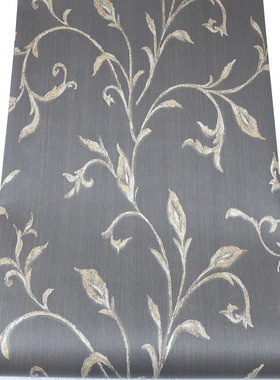 美式卷叶草叶子黑灰色高档壁纸美国进口纯纸环保现货尾货背景墙纸