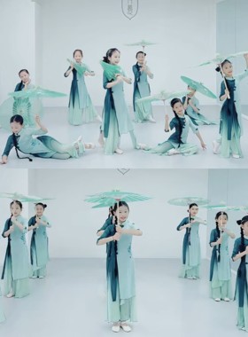 烟雨小镇舞蹈服装古典舞立春演出服儿童中国舞弹力旗袍套装表演服